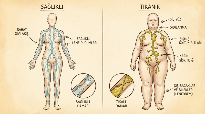 Diagram comparing healthy and congested lymph systems on a beige background.