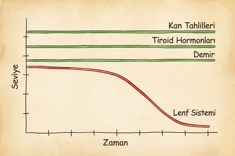 Graph showing levels of Blood Work, Thyroid Hormones, Iron, and Lymphatic System over time
