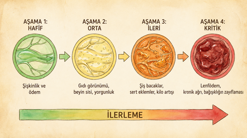 Diagram showing the progression of a condition from mild to critical stages with corresponding symptoms.